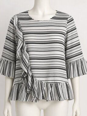 Alfani Blouse Size L Black White Striped Ruffles Minimalist Office Whimsical Pro